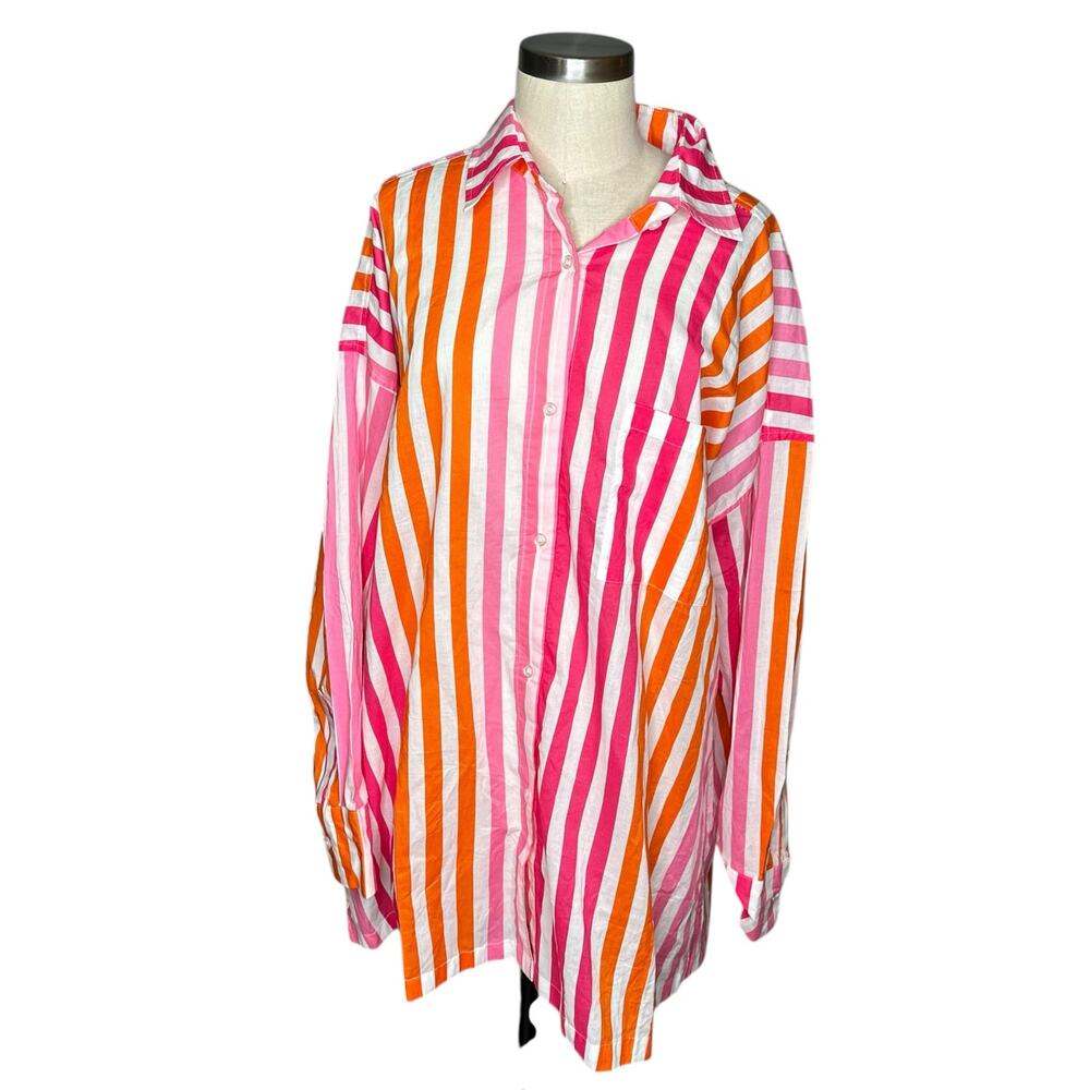 BEACH RIOT Alexa Top Sunset Pink Orange Stripes Longsleeve Button Down PL Petite